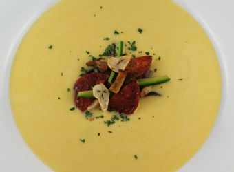Roasted Corn Soup with Pheasant Sausage